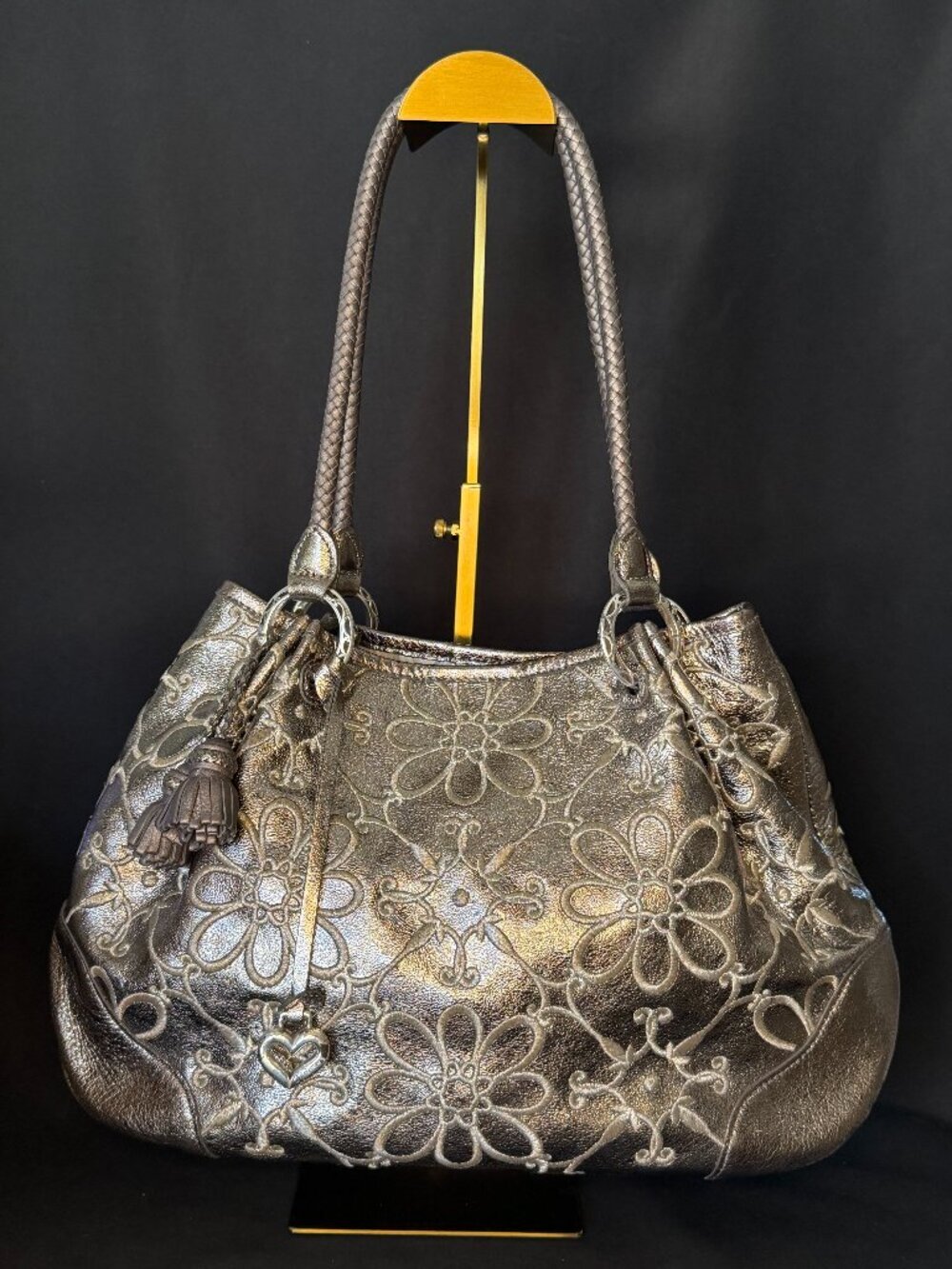 Brighton Valencia Floral Embroidered Leather Shoulder Bag Metallic Pewter
